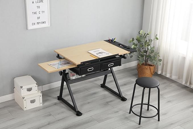Height Adjustable Drafting Table, 0-75° Tilting Drawing Table Art Desk for Adults, Artist Desk with 2 Storage Drawers, Watercolor Paintings Sketching Workstation with Stool for Home Office
