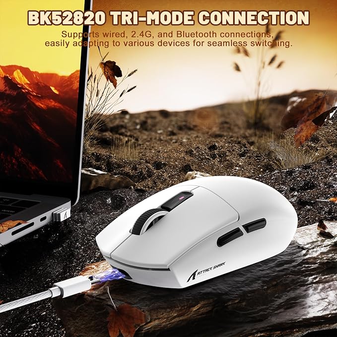 MAMBASNAKE Attack Shark G3 Wireless Gaming Mouse with Tri Mode Wired/2.4Ghz/BT,59g Ultra-Lightweight,25000 DPI,1000 Polling,PixArt PAW3311 Sensor,500mAh Long Battery,Programmable for PC Gamer(White)