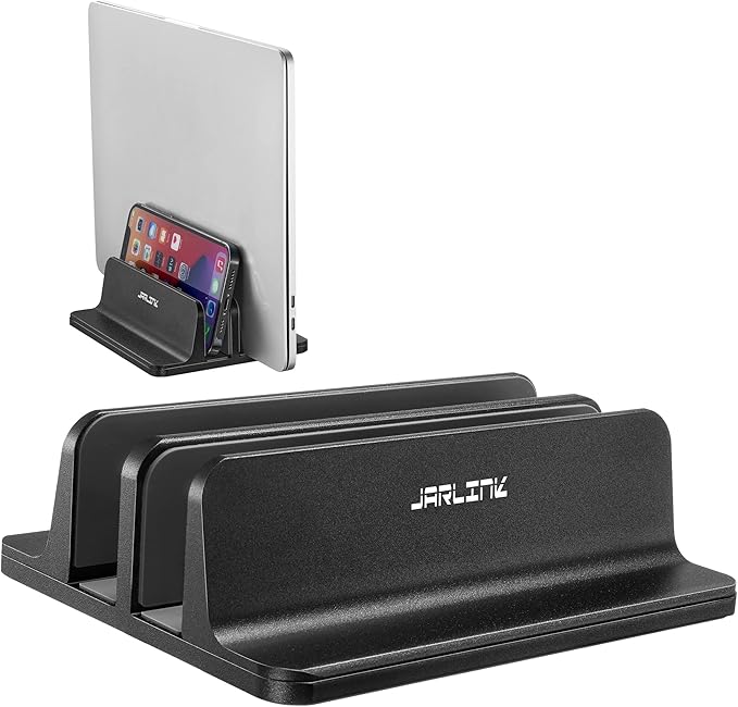 JARLINK Vertical Laptop Stand Holder, Aluminum Double Desktop Stand Holder with Adjustable Dock (Up to 17.3 inch), Compatible with MacBook, Surface, Chromebook, and Gaming Laptops, Black