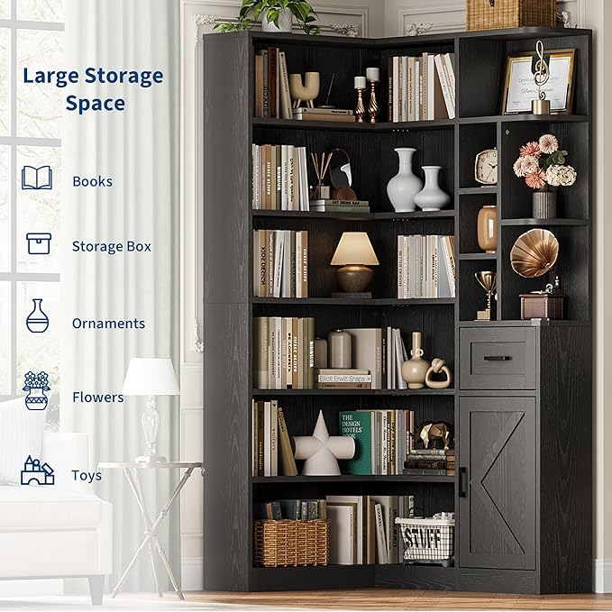 Garvee 74'' Tall Corner Bookshelf - 6-Tier Book Shelf with Drawer and Cabinets, l-Shaped Bookcase Open Storage Shelves Modern Display Shelf for Home, Office