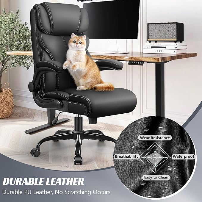 HeroSet Office Chair, Ergonomic Big and Tall Computer Desk Chairs, Executive Breathable Leather Chair with Adjustable Flip-up Armrests, Lumbar Support Swivel PC Chair with Rocking Function