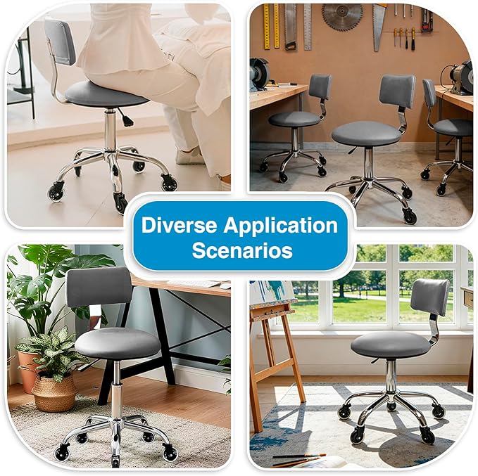 Rolling Stool Chair with Wheels, Office Drafting Chair with Back Support, Height Adjustable Standing Desk Stool with PU Leather Cushion for Home Office Kitchen Vanity Salon Garage Tattoo Dentist(Grey)