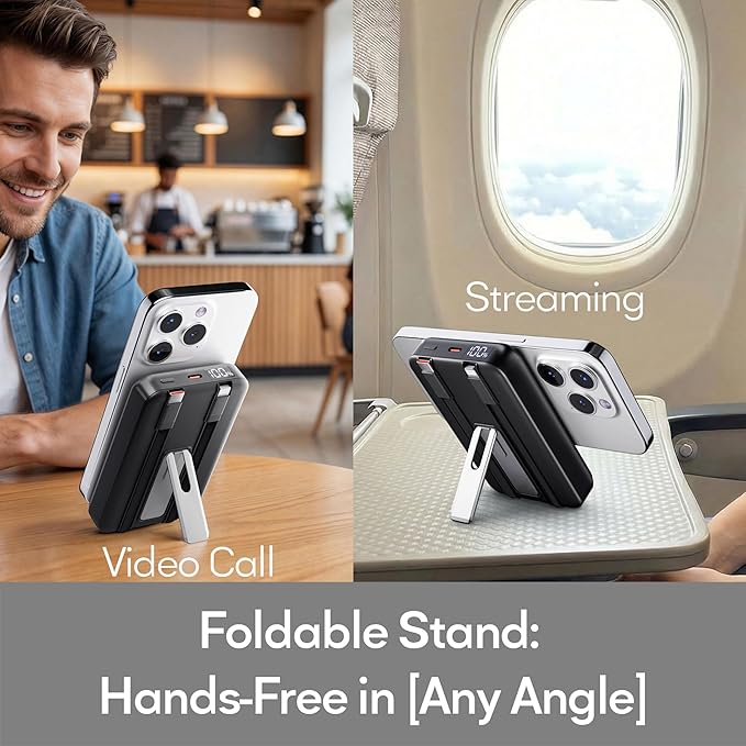 2-Pack 16800mAh Magnetic Power Bank, 22.5W PD & 15W Wireless Fast Charging Portable Charger with Built-in Cables, Foldable Stand for MagSafe Battery Pack, Compatible with iPhone 12-17/Android Series