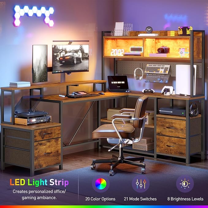 RALGEND 75inch L Shaped Computer Desk with Drawers, Large Gaming Desk with LED Light & Power Outlets, Corner Computer Desk with Storage Shelves & Monitor Stand for Home Office,Rustic Brown and Black