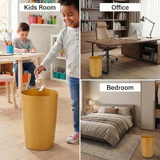 Mini Waste Basket - Durable Small Plastic Garbage Trash Can Bin - Lidless Open-Top, Slim Profile for Compact Spaces - Suitable for Home, Bathroom, Office, Bedroom, Kitchen and More, Soft Brass