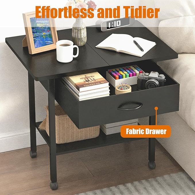 22" x 15" Under Desk Rolling Printer Stand, 2-Tier Industrial Mobile Printer Table with Strong Fabric Drawer, Storage Shelf, Steel Frame and Lockable Wheels, Printer Cart for Home Office (Black)