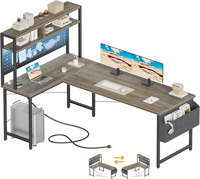 Mericonia 59 inch Large L Shaped Desk with Pegboard Hutch & Shelves, Corner Gaming Desk with Power Outlet, LED Light & Storage Bag, Reversible Computer Desk for Home, Bedroom, Office Workspace, Grey