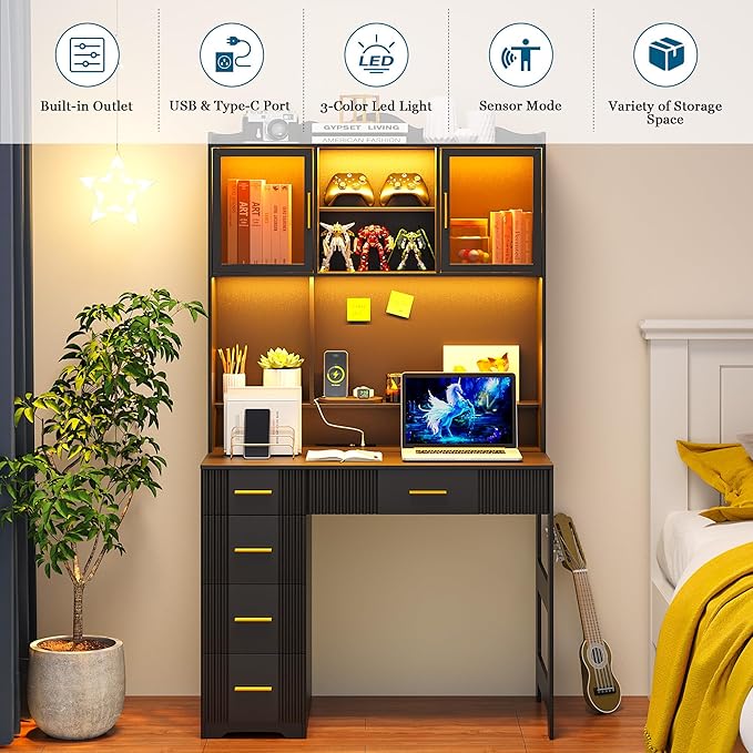 WOOVIVS LED Study Desk with Hutch and Drawer, Home Office Desk with Outlet, Computer Desk with Charging Station, Writing Desk for Bedroom, Workstation for Small Space (Black)