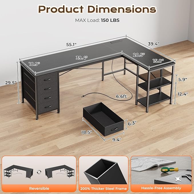 Huuger 55 Inch L Shaped Desk with Fabric Drawers, Reversible Computer Gaming Desk with Power Outlets and USB-C Port, Adjustable Side Storage Shelves, for Work Study Corner Home Office, Black