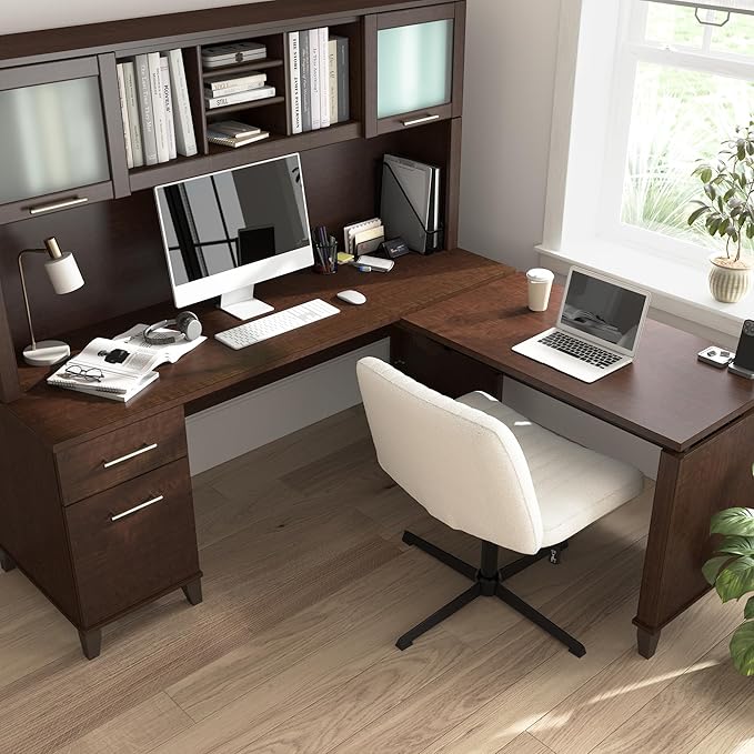 Bush Home Somerset 72W 3 Position Sit to Stand L Shaped Desk with Hutch in Mocha Cherry | Adjustable Height Table for Home Office