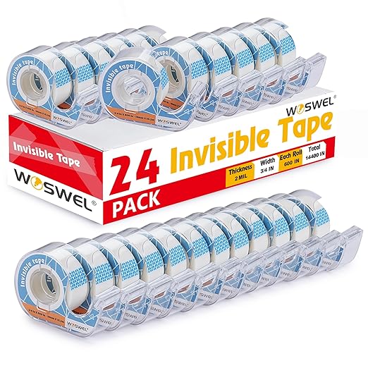 WOSWEL Tape Refills with Dispenser, 24 Roll Invisible Tapes, 3/4 Inch X 600 in, Gift Wrapping Tapes Supplier for Valentine's Day Home School Office Use