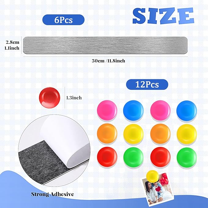 18 Pcs Magnetic Bulletin Board Strips Frameless Stainless Iron Board Strip with Colorful Magnet Self Adhesive Memo Strip for for Office Home Wall Photo (Silver)