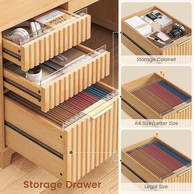SEDETA 55.1" Fluted Office Desk with 6 Drawers, Modern Executive Desk with Acrylic File Drawers, Computer Desk with Power outlets for Home Office and Study, Natrual