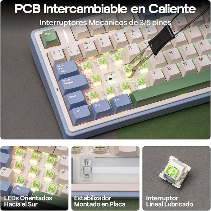 EPOMAKER Aula F75 ISO-ES Wireless Mechanical Gaming Keyboard, 75% Spanish Layout with Knob, Creamy Gasket, Sound-Dampening, RGB, Hot-Swap, BT/2.4Ghz (Green)