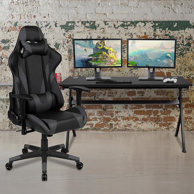 Flash Furniture Gaming Desk and Gray/Black Reclining Gaming Chair Set /Cup Holder/Headphone Hook/Removable Mouse Pad Top - Wire Management