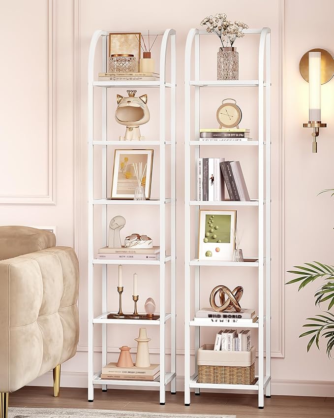 Hzuaneri Bookcase Bookshelf, Tempered Glass Arched Bookshelf for More Storage, Slim Shelving Unit for Bedroom, Bathroom, Home Office, Steel Frame, 6 Tier White BC20699W