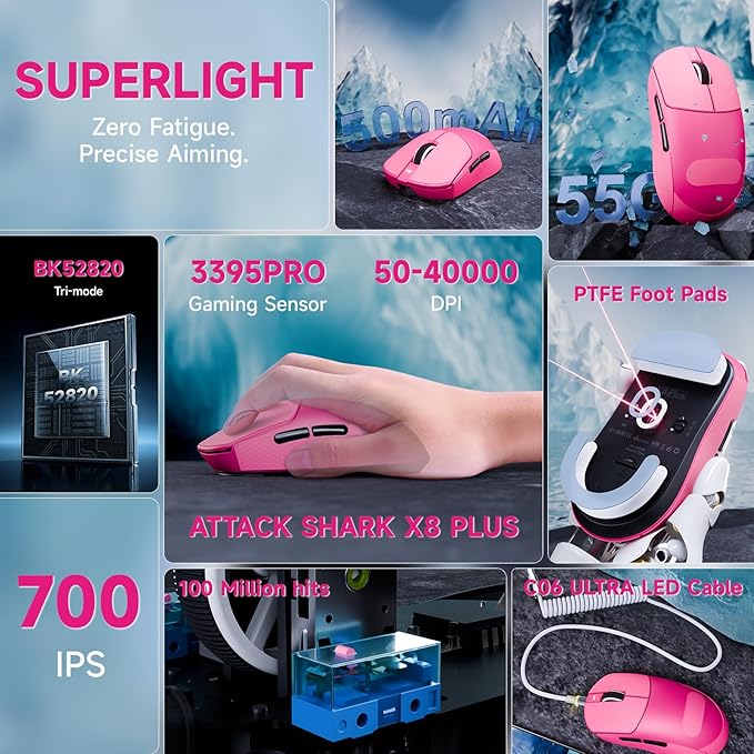 ATTACK SHARK X8Plus 55g Superlight Wireless Gaming Mouse with 40K DPI,PAW 3395PRO Sensor, Broadcom BK52820 Chip,HUANO Switch,Web Driver,Tri-Mode Fit Large Hand Mice with RGB Cable -Berry Red&Sticker