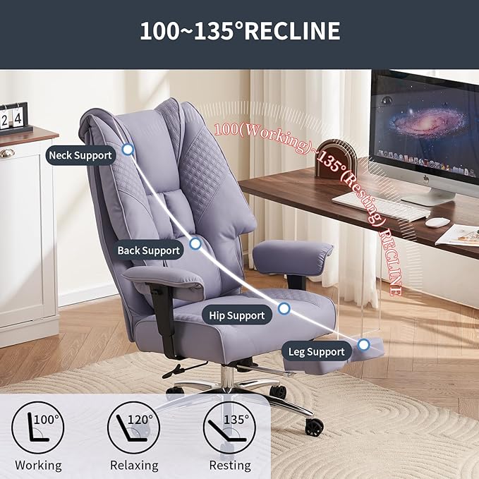 EXCEBET Big and Tall Office Chair 400lbs Wide Seat, Leather High Back Executive Office Chair with Foot Rest, Ergonomic Chairs Lumbar Support for Lower Back Pain Relief (Light Purple)