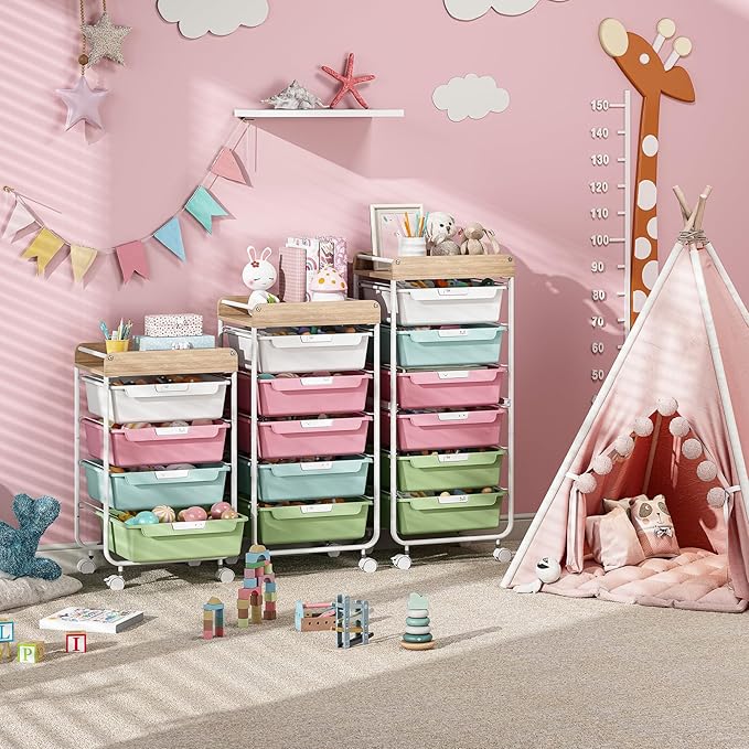 SYKIARIOL Rolling Cart with 6 Drawers,Utility Storage Cart with Drawers,Art Craft Organizers and Storage,Makeup Organizer with Wooden Tabletop,Colorful