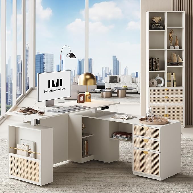 ModernMate Home Office Furniture Sets, 63" L Shaped Standing Desk with Drawers, Height Adjustable Electric Executive Office Desk with 73" Bookshelf and Power Outlet, White Rattan