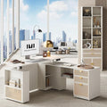 ModernMate Home Office Furniture Sets, 63" L Shaped Standing Desk with Drawers, Height Adjustable Electric Executive Office Desk with 73" Bookshelf and Power Outlet, White Rattan