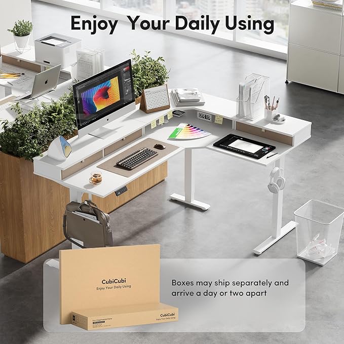 CubiCubi L Shaped Standing Desk with Drawers 63 x 48 Inch Adjustable Height, Electric Corner Desk with Storage, Sit Stand Home Office Desk with Splice Board, White