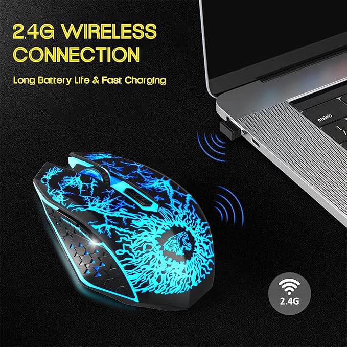 VEGCOO Wireless Gaming Mouse, Rechargeable Gaming Mouse, Silent Optical Mice with 2.4G USB Receiver, 3 Level DPI, 6 Buttons, 7 Colors LED Lights for PC/Mac Gamer, Laptop and Desktop