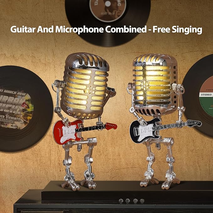 Vintage Microphone Guitar Robot Lamp, Music Gifts for Men, Cool Gifts for Music Lovers, Vintage Light Home Decor Nightstand Desk Lamp for Bedroom, Music Studio (White)
