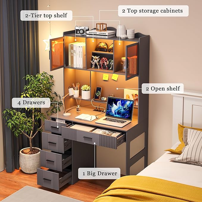 WOOVIVS LED Desk with Outlet Charging Station, Home Office Desk with LED Auto Lights, Computer Desk with Hutch and Drawer for Small Space, Workstation Writing Desk for Bedroom,Adjustable (Grey)
