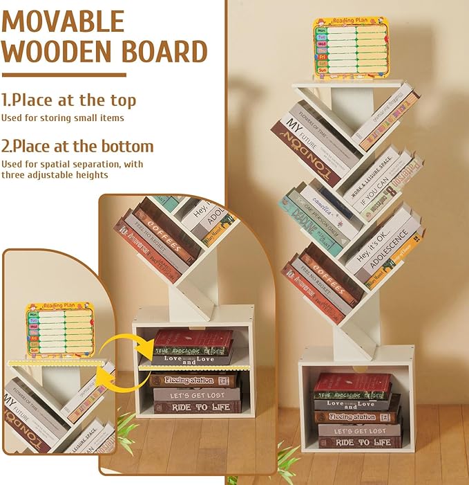 7 Tier Tree Book shelf, Small Bookcase with Reading Planner and Activity Panel, Modern Floor Standing Corner Tall Narrow Storage Cabinet Bookshelves for Home Office Bedroom Living Room (White)