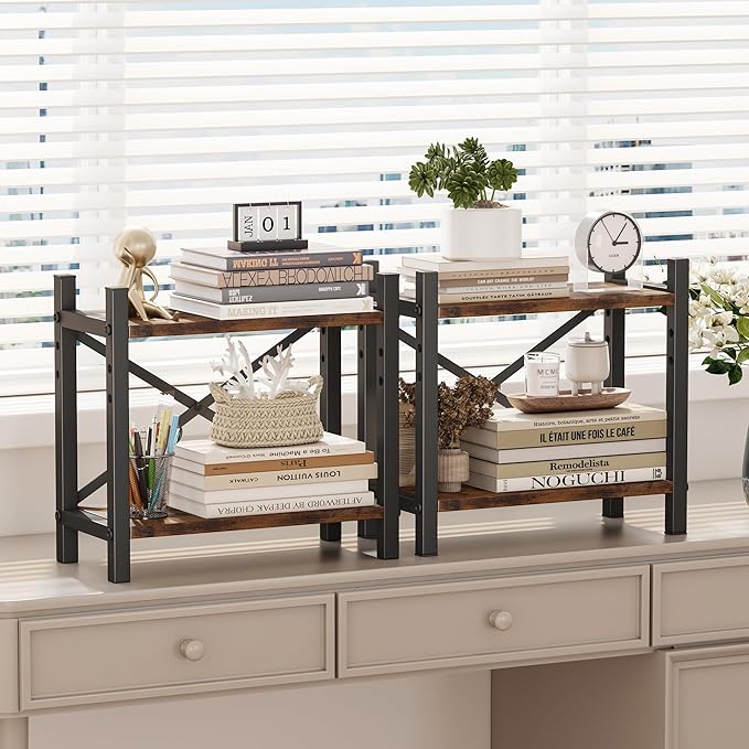 2-Pack Desktop Bookshelf, 4-Tier Stackable Narrow Bookcase, Adjustable Industrial Desk Organizer & Hutch - Rustic Brown Wood Desktop Book Organizer for Living Room, Bedroom & Home Office