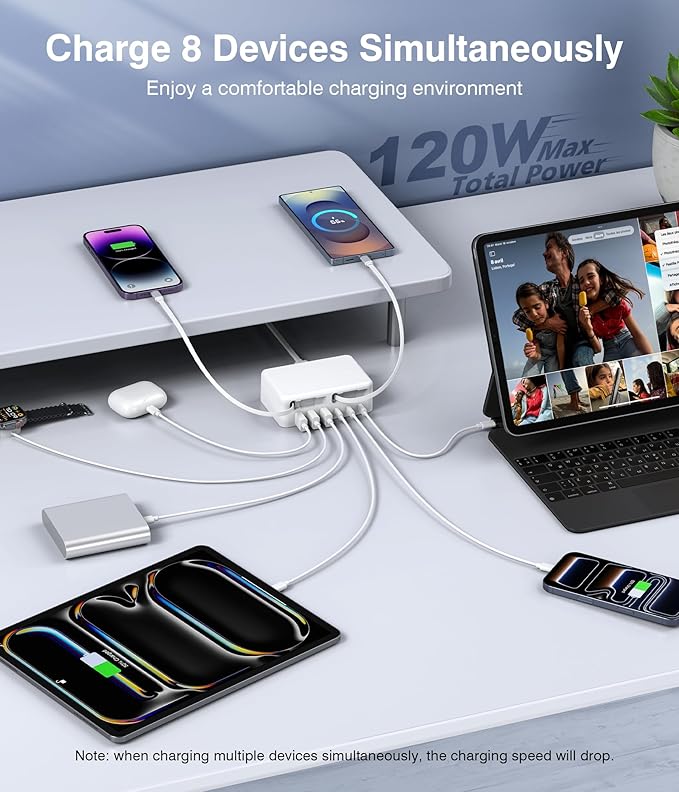 Upgraded 8-in-1 Retractable USB C Charger Block, 120W GaN Multi Charging Station Hub with Lightening & Type C Cable, Travel Essential USB C Power Strip Plug for iPhone 17 16 15 14 Pro Max iPad Galaxy
