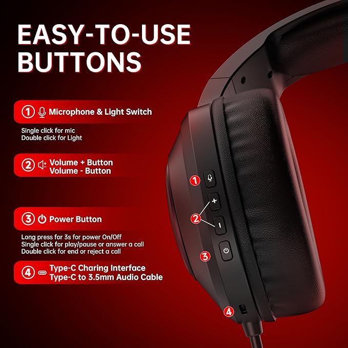AOC Bluetooth Gaming Headset with Mic for PC, PS5/4, Nintendo Switch, 2.4GHz Wireless Gaming Headphones with RGB, USB-C, 7.1 Virtual Surround 20ms, Latency, 45H Playtime- Red