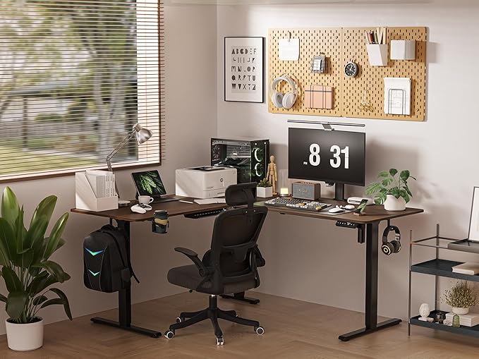 WALKINGDESK 55X45 Inches Reversible L Shaped Standing Desk Height Adjustable with Cup Holder, Electric Corner Computer Desk, Sit Stand up Home Office Desk, Ergonomic Gaming Desk, Black Walnut