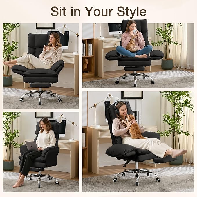 Ergonomic Cloud Cross Legged Office Chair with Footrest,Leather Big and Tall Executive Chair with Wheels,Reversible Armrest,155° Reclining Computer Wide Desk Chair for Home,Office (Black)