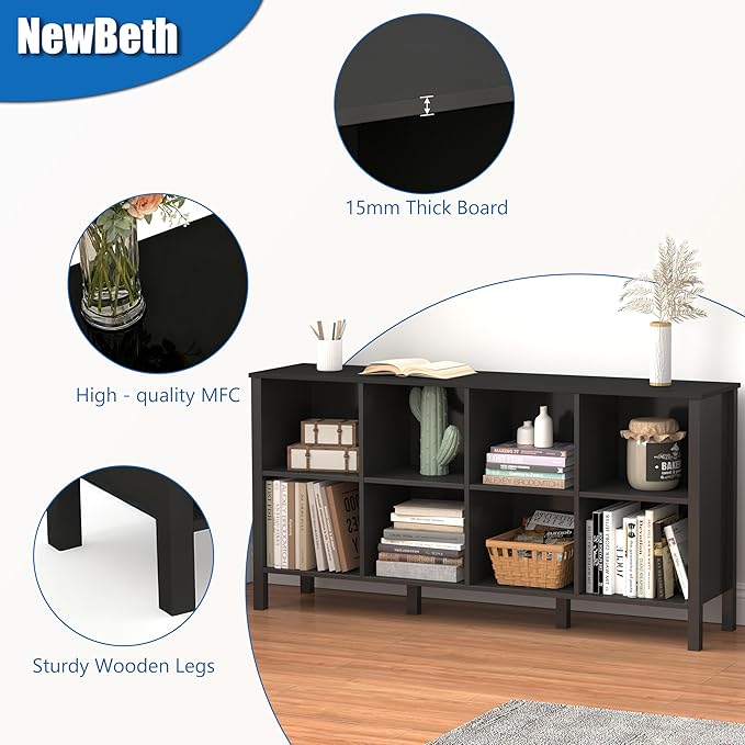 8-Cube Bookcase, Farmhouse Wooden Bookshelf Low Storage Organizer, 59" Horizontal Black Console with Legs, Hallway Book Case for Entryway, Display Cabinet for Living Room (Black, 8-Cube)