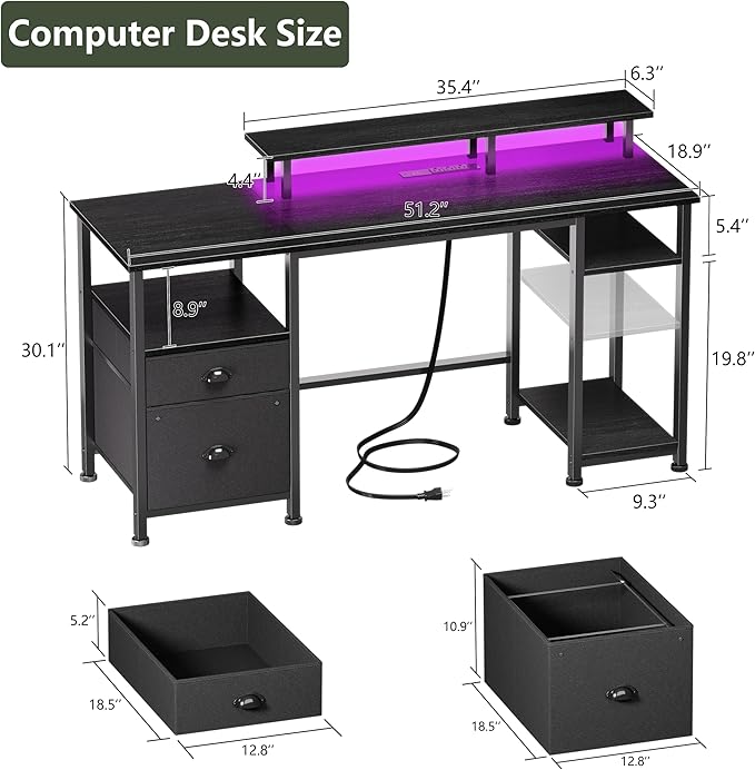 Furologee 51" Gaming Desk with Power Outlets & LED Lights, Reversible Computer Desk with File Cabinet & Monitor Stand for Home Office, Large Work Table with Storage Shelves & Drawer, Black