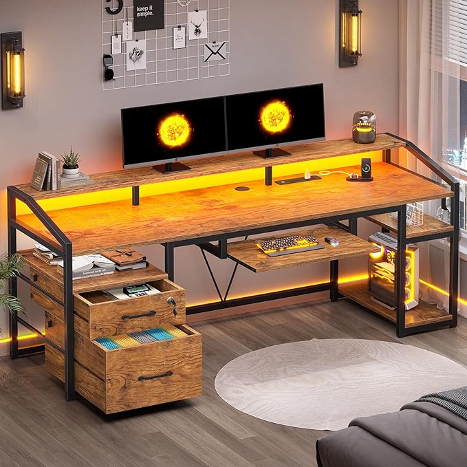 SEDETA 63" Computer Desk, Office Desk with Lock Drawers for Legal/Letter File, Gaming Desk with LED Light & Power Outlet, Home Office Desks for Printer, Rustic Brown