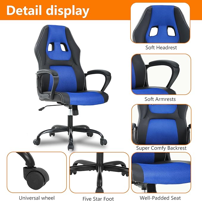 PayLessHere Gaming Chair Ergonomic Office Chair Computer Chair with Lumbar Support Ergonomic Pu Leather Adjustable Height Executive Chair for Women Men and Adults (Classic, Blue)