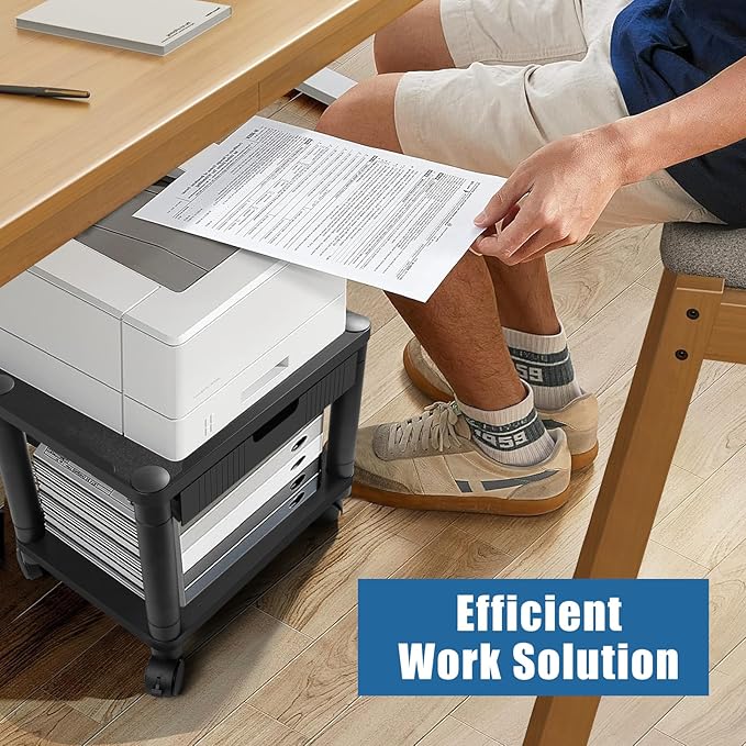 Under Desk Printer Stand with Wheels, Rolling Printer Cart with Lockable Wheels, 2-Tier Printer Table with Storage Drawer for Home&Office (Black)