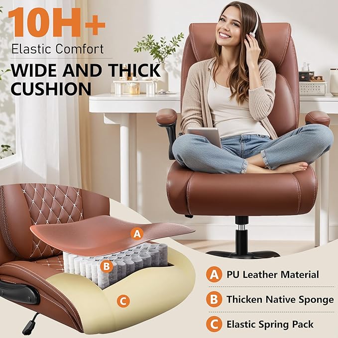 BESTFAIR Office Chair, Ergonomic Computer Desk Chairs with Lumbar Support for Lower Back Pain Relief, Executive Leather Home Chair Comfy with Padded Flip-up Armrests, Brown, 4-Pack