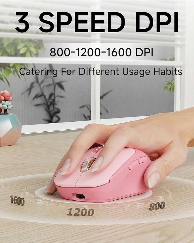 EWEADN Q5 Wireless Mouse, Bluetooth & 2.4G Quiet Computer Mouses with Battery Level Display, 1600 DPI, Ergonomic Office Mouse, 6 Button Portable Cute Computer Mouse for Laptop/PC/Mac - Rose Pink