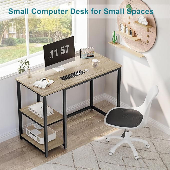 SINPAID Computer Desk 47 inches with 2-Tier Shelves Sturdy Home Office Desks with Large Storage Space Modern Gaming Desk Study Writing Laptop Table, Oak