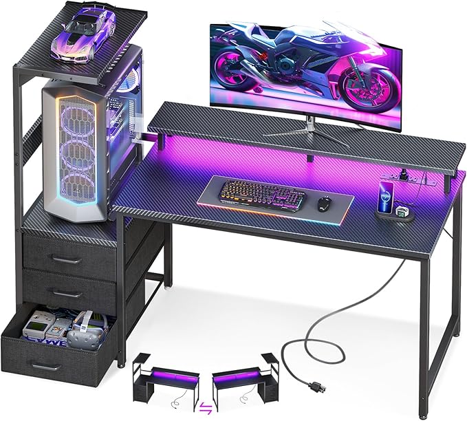 AODK 52 Inch Gaming Desk with USB Charging Ports & LED Light- Reversible Computer Desk with Storage Shelves & Monitor Stand, Modern Gamer Desk Table with Fabric Drawers, Black