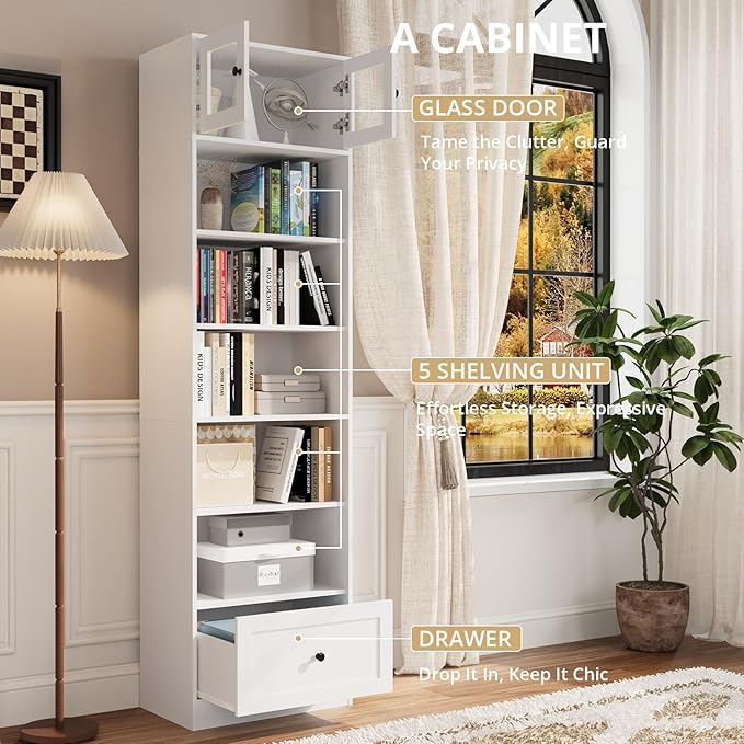 TUSY 85.5 Inch Tall Bookshelf with Doors - 7 Tier Bookcase with Glass Doors and Drawer, 23.6" Wide Storage Cabinet with Open Shelves for Living Room, White Book Shelf for Home Office, Study (ABBA)