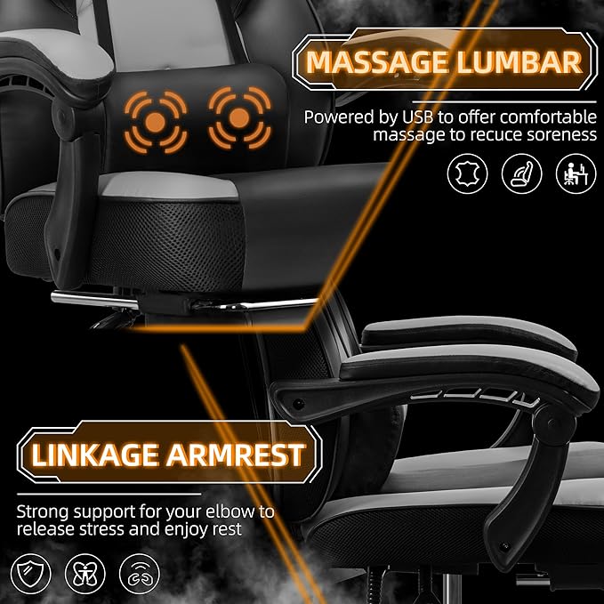 Shintenchi Gaming Chair,Video Game Chair with footrest and Massage Lumbar Support,Height Adjustable Game Chair with 360°Swivel Seat Ergonomic Computer Chair with Headrest for Office or Gaming(Grey)