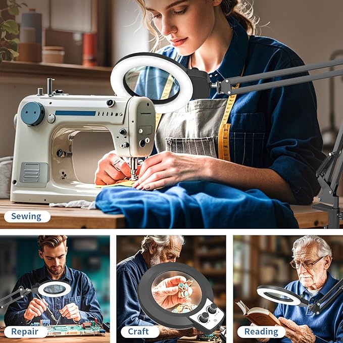 HITTI 12X Ultra Long Magnifying Glass with Light and Clamp, Infinite Color Brightness Workbench Light, Hands Free LED Magnifier Light Stand for Crafts Reading Painting Soldering (12X 27.5In Clamp)