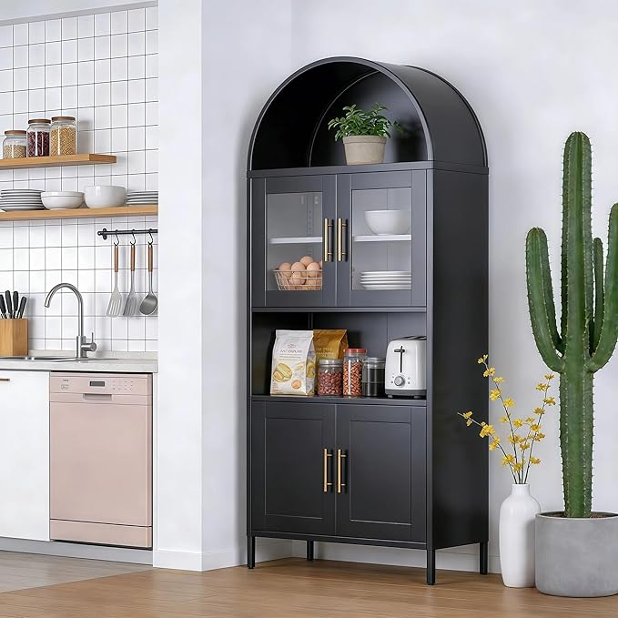 VEXPOR 73" Tall Arched Kitchen Pantry Cabinet with Doors, Metal Arched Hutch Cabinet for Kitchen, Dining Room, Living Room, Assembly Required, Black