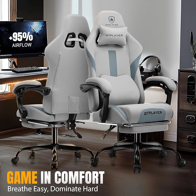 GTPLAYER Gaming Chair with Foot Rest & Pocket Spring Cushion, Breathable Fabric for Home Office Desk, Ergonomic High Back Computer Chair with Headrest & Lumbar Support, Blue/Gray