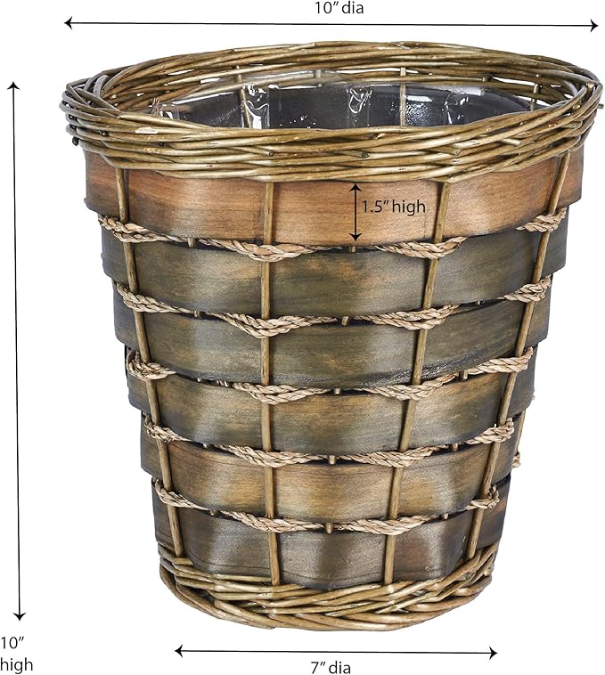 Household Essentials Haven Wicker Waste Basket, Small, Willow and Poplar Basket with Removable Plastic Liner, Handwoven, Decorative, Compact, Great for the Bathroom, Bedroom or Office, Green